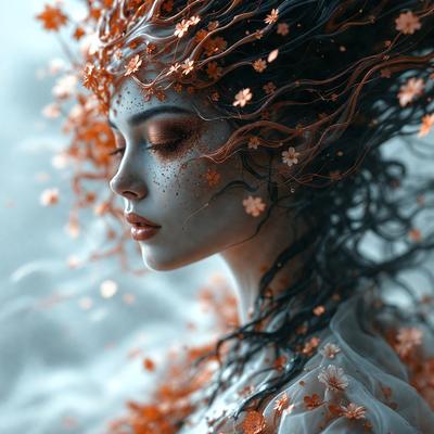 The primary subject of the image is a woman with long, flowing hair. She is wearing a white dress and has a flower in her hair. The setting is a forest, with flowers and leaves surrounding her. The visual style is a digital art, creating a surreal and dreamy atmosphere. The dominant colors are white, orange, and green, with the flowers adding a pop of color to the scene.